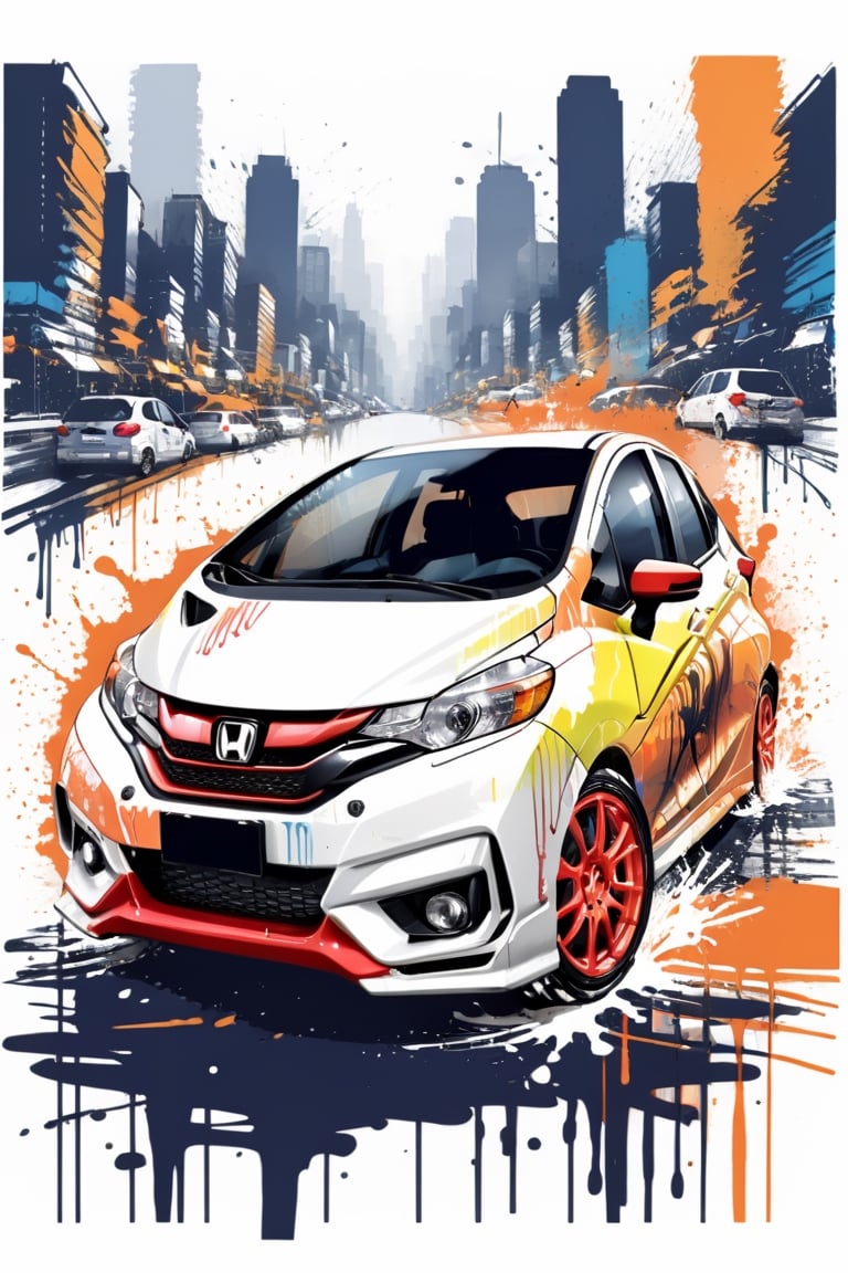 bits of color, hand drawn, realistic sketch, Rough sketch, splash art, dripping ink, bold lines, Artwork of T-shirt design, pimp honda jazz RS sport car, highway, skyscrapers, sunrise, flat illustration, vibrant vector, vector image, vintage drawing, white background, 8k