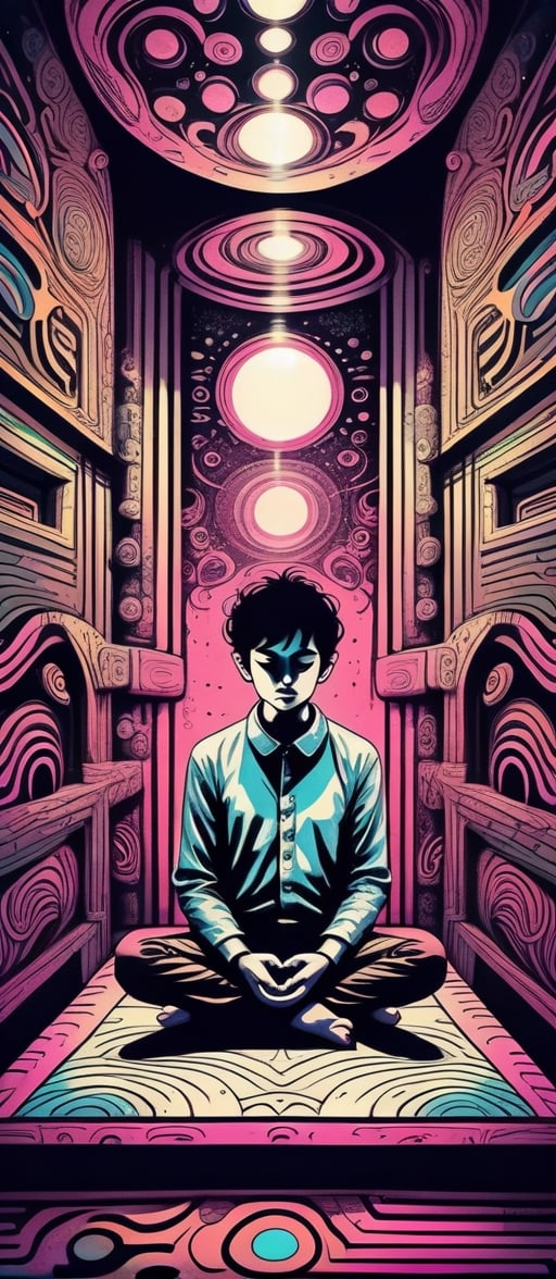 A young person meditating in a strange room  psychedelic, repetitive patterns with eyes surrounding in walls and background the character, 2D, ink, handmade design, vintage art, dark atmosphere, complex background, mystical, spiritual trippy