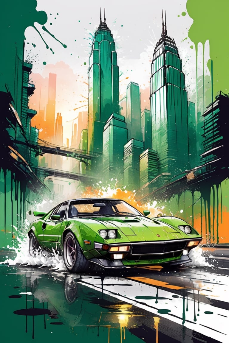 bits of color, hand drawn, realistic sketch, Rough sketch, splash art, dripping ink, bold lines, Artwork of T-shirt design, green sport car, highway, skyscrapers, sunrise, flat illustration, vibrant vector, vector image, vintage drawing, white background, 8k