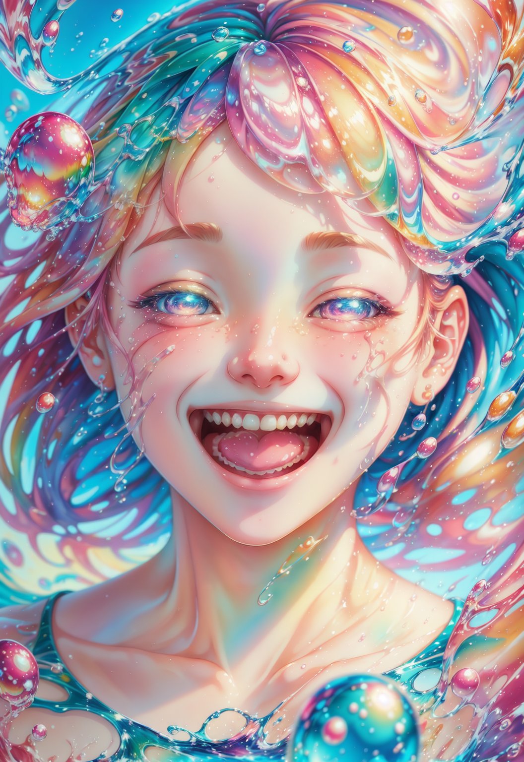 a Girl, laughing, Colorful colors, surrounded by water bubbles, in the style of Kawacy, Masterpiece, Oil painting drawn in anime style, head close - up, exaggerated perspective, Tyndall effect, water drops, mother - of - pearl iridescence, Holographic white