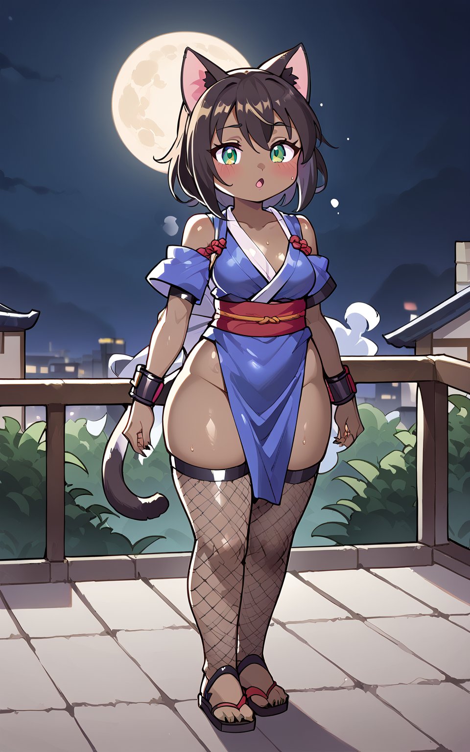 furry,furry female,cat girl,black fur,solo,small breasts, wide hips, thick thighs, blushing, sweaty body,Exposed shoulders, short sleeves, exposed collarbones, looking at viewer, simple background,  open mouth, standing, full body, yellow eyes, dark skin, dark blue Ninja outfit, fishnet stockings,steam, exhale, japanese style roof, night,  moon


