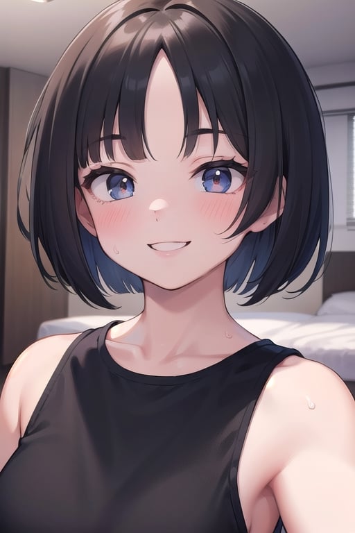 (8k, best quality, masterpiece, ultra high res, highly detail face:1.3), portrait, (20 years old girl:1.3), beautiful, kawaii, (very wide shot :1.2), (short hair :1.3), dark hair, ((bob)), clothes, from front, (smile :1.2), sweat , (morning:1.3), on the bed, jmf, jml,