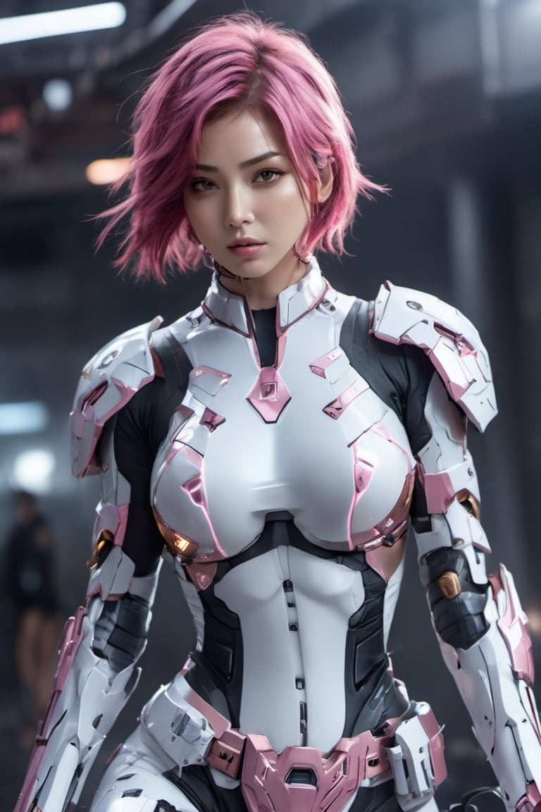 Super Sexy Superheroines, ultra-detailed, 
((High resolution)),((high detailed)), cowboy shot, photo realistic, masterpiece, official art, apocalypse background,
raw photo, best quality, 8k resolution, 
sole_female, character focus, 24 years old, pink hair, short hair, resemble cammy, cyborg girl, white cyborg armor suit, beautiful eyes, (delicate face), perfect detail, perfect feet, sexy legs, medium breast, nice boobs, lots of exposed skin, full body, holding laser gun, prepare to fight, cyborg head gear,
cinematic lighting, dark studio, ((hyper detailed face)),((hyper detailed eyes)),(((exposed thighs))),cyborg musume, ,mecha musume,asian girl,robot,cyborg style