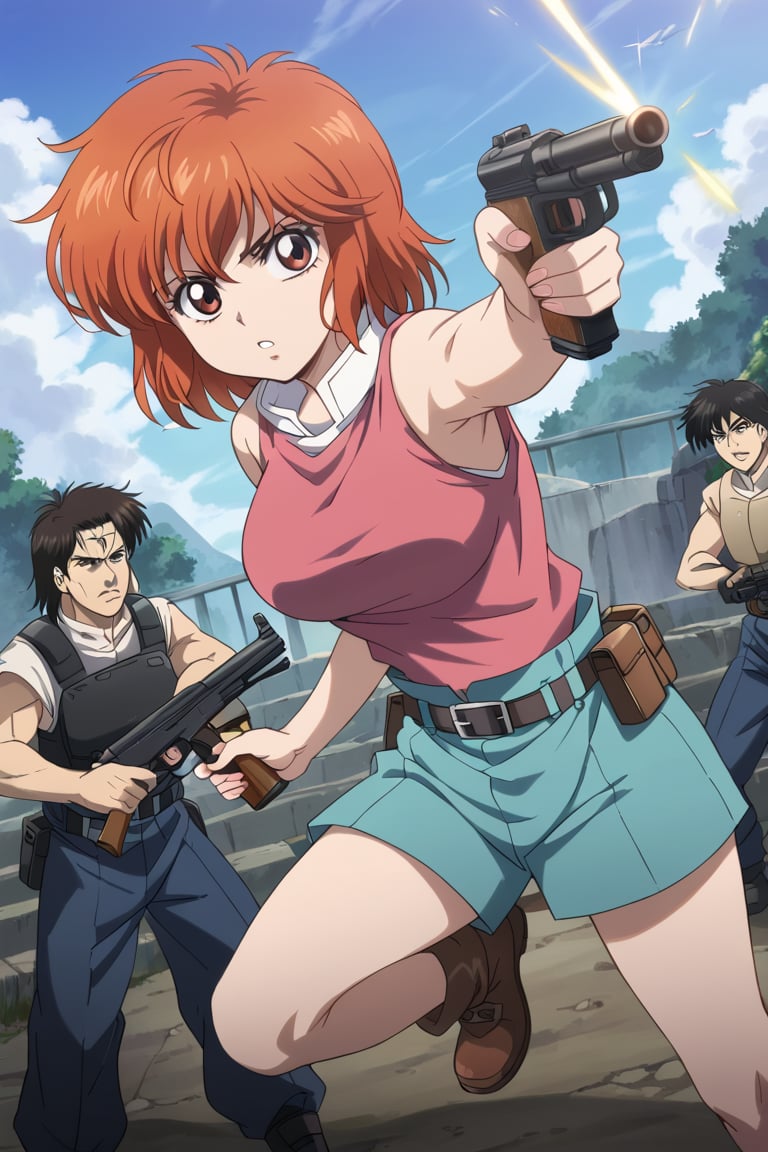 1girl, clothe, gun, aiming, yoko, short hair