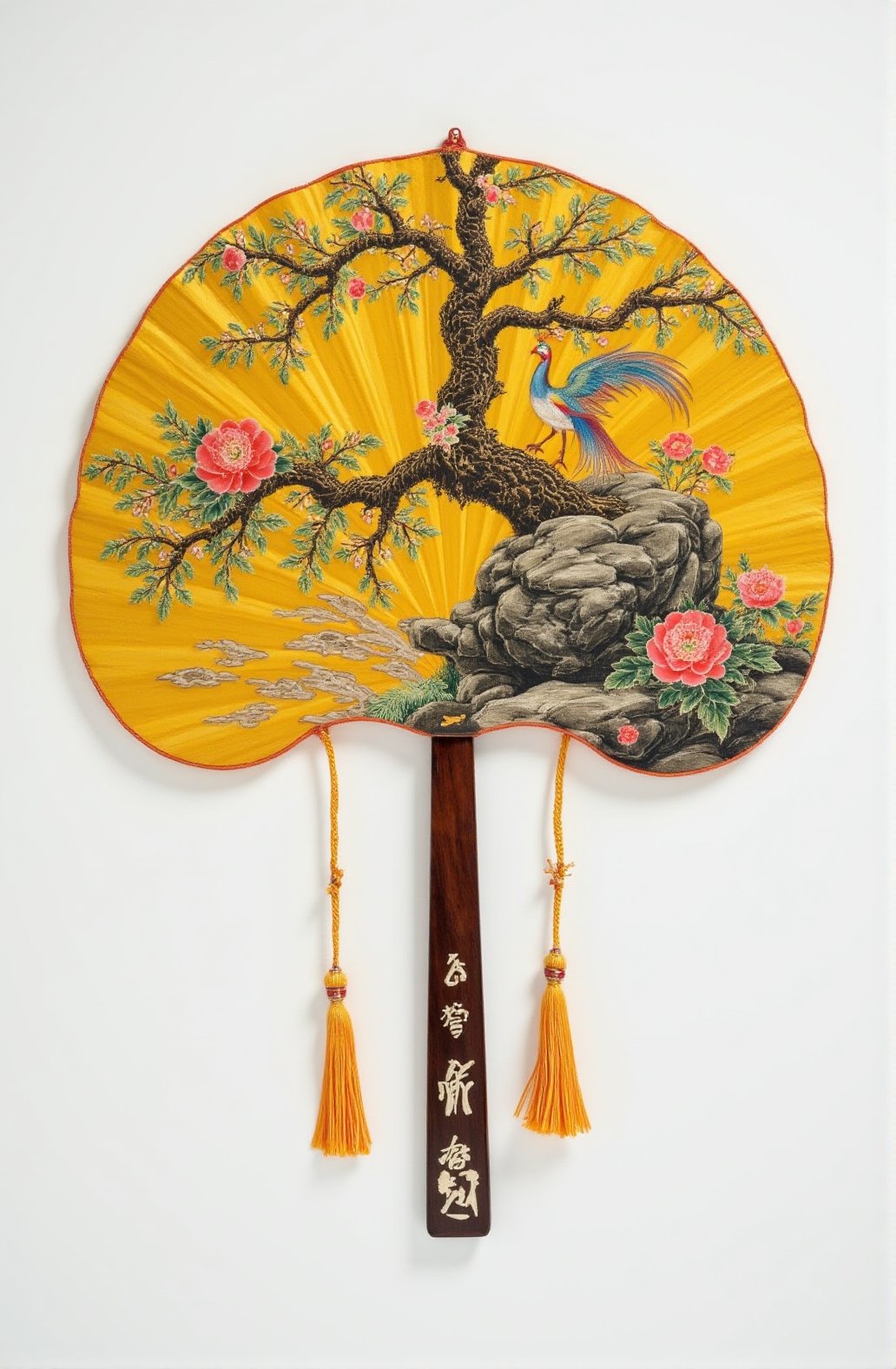 realistic photo , This yellow silk kesi fan, shaped like a parasol leaf, features a Chinese parasol tree on its surface, with a phoenix perched on the tree trunk. Beside a rock, peonies are in full bloom. The fan is equipped with a square rosewood handle, with ivory inlays at both ends and tied with yellow silk tassels. This fan is double-sided kesi, with natural and soft color coordination and meticulously detailed weaving.