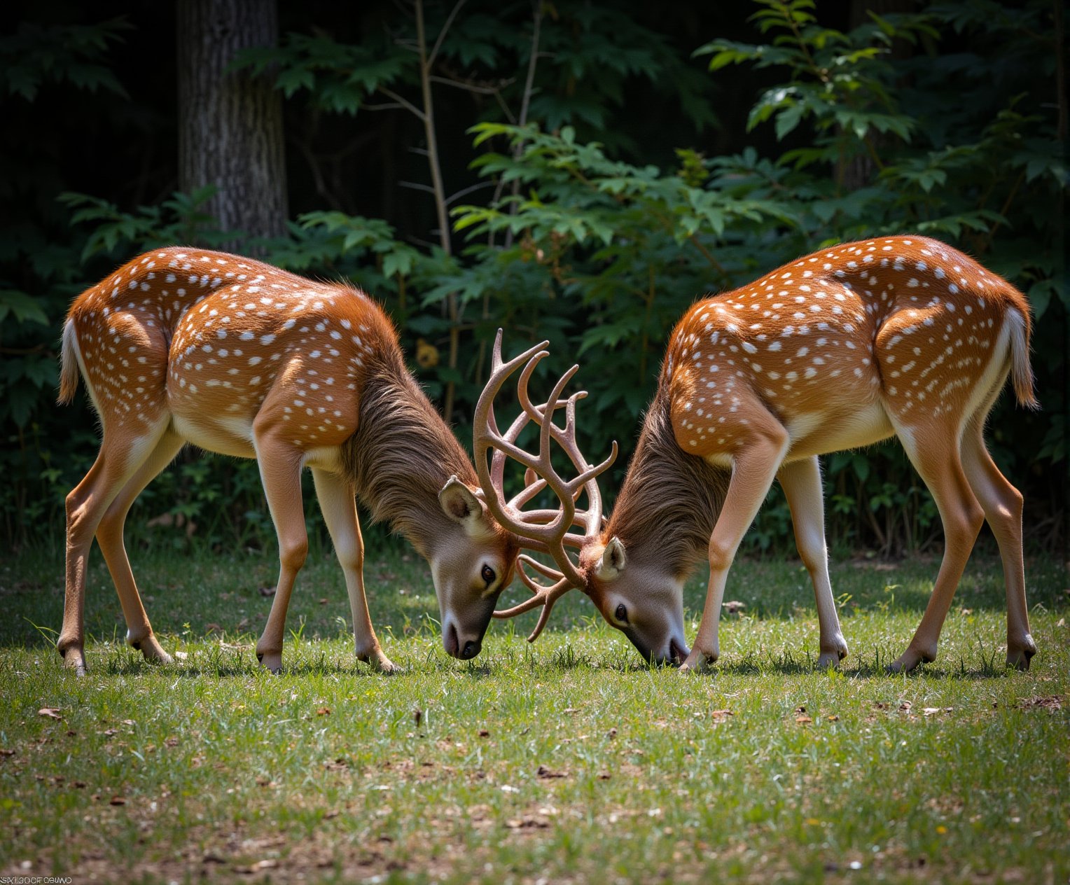 realistic photo , Two male spotted deer are locking their antlers in a fight with their heads lowered, in the forest..,Midjourney_Whisper, 