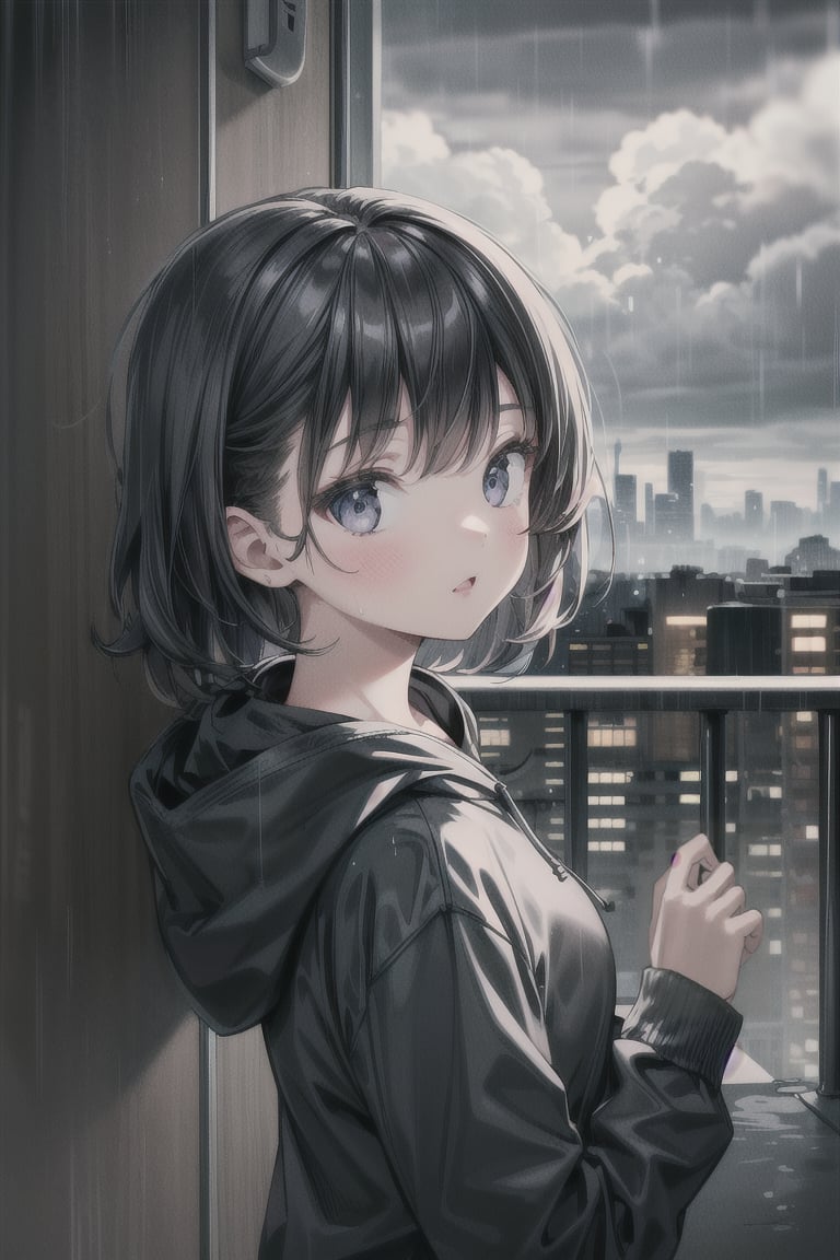 1girl, black_hair, black hoodie, typhoon, cloudy, heavy rain, cityscape, masterpiece, beautiful details, perfect focus, 8K wallpaper, high resolution, exquisite texture in every detail