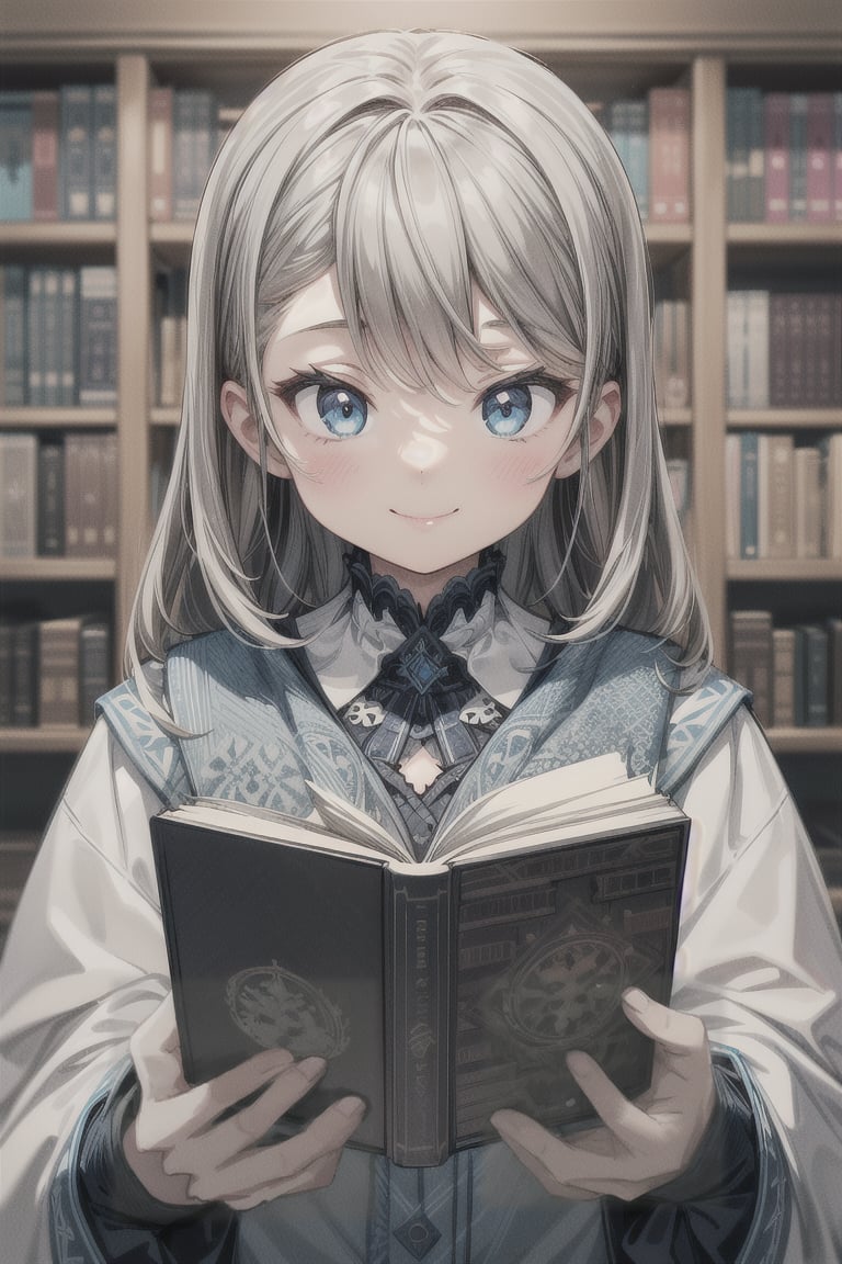 1girl, smile, bookshelf in background, masterpiece, beautiful details, perfect focus, 8K wallpaper, high resolution, exquisite texture in every detail