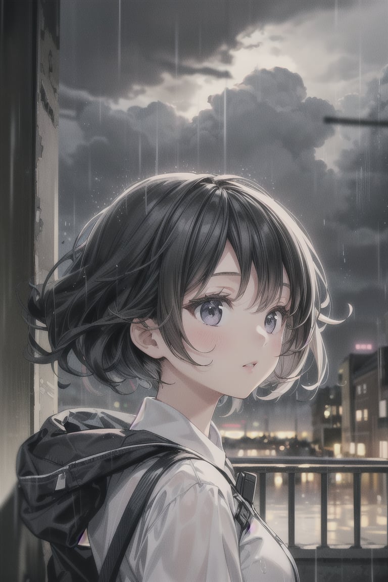 1girl, black_hair, typhoon, cloudy, heavy rain, cityscape, masterpiece, beautiful details, perfect focus, 8K wallpaper, high resolution, exquisite texture in every detail