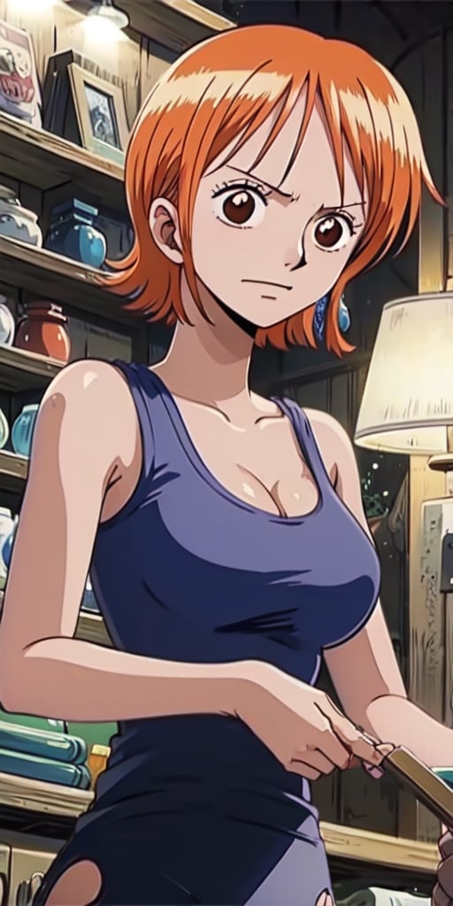 Nami (one piece), (masterpiece), best quality, high resolution, highly detailed, detailed background, perfect lighting, 1girl, ,NamiOP,nami \(one piece\),nami,paizuri pov,naminami, PaizuriOnLap,Perpendicular_Paizuri