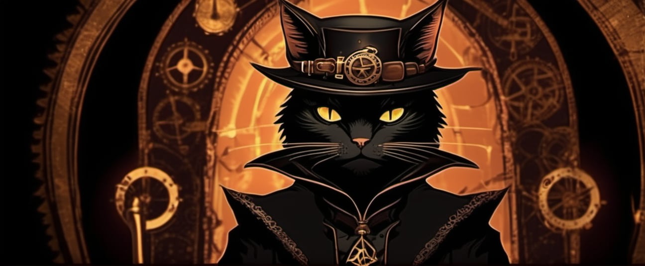 a cat black, ((wizard outfit)), backlight,kafka,steampunk style,steampunk, devil horns,Leonardo Style