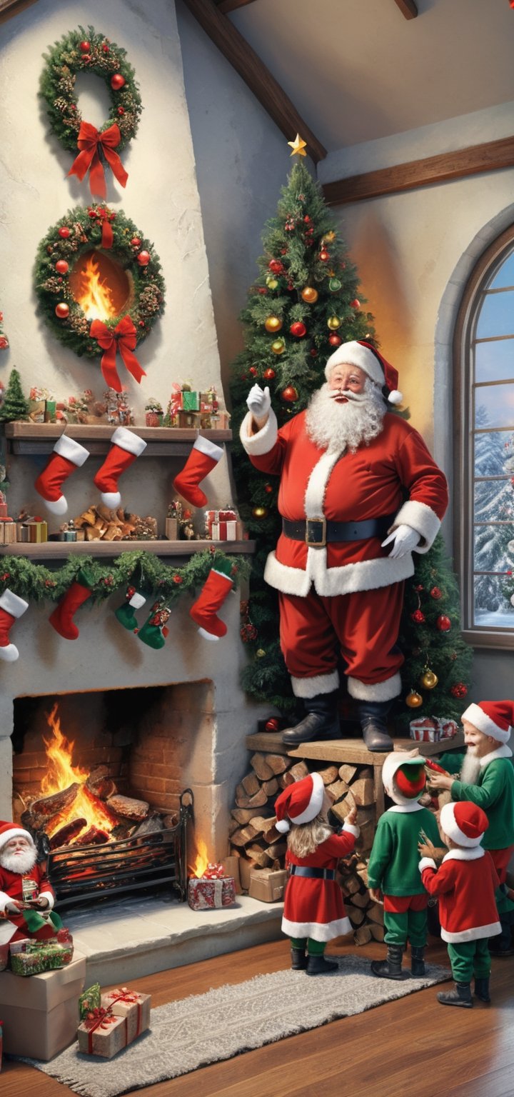 (best quality:1.33), (masterpiece:1.42), (realistic:1.24), (detailed:1.15), Santa decorates the house with his little elves in preparation for a glorious Christmas party, Christmas tree, a cozy fireplace.



