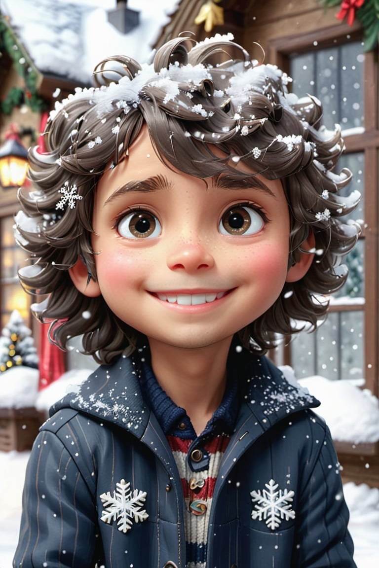 High quality, best quality, masterpiece, HD, detailed, high_res, 1boy, Slate hair, (Long Wavy Curtain Bangs:1.3), Slate eyes, (Softly smiling, expressing tenderness:1.5), Slate (striped jacket:1.5), (Arms Behind Back:1.3), snow, snowflakes, Christmas place, Christmas tree, (head shot:1.5), (chiaroscuro:1.5),chibi emote style,3D,detailmaster2,chibi,emote,Cartoon