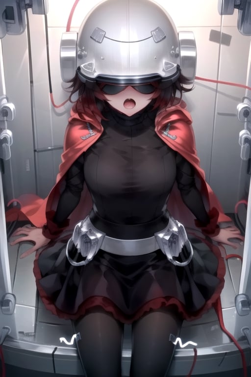 1girl, Ruby rose,black hair, red hair, gradient hair, black dress, long sleeves, red cape, pantyhose, BrnWshM,head-mounted display, helmet, mind control, helmet, obscured eyes, screaming, glowing helmet, 