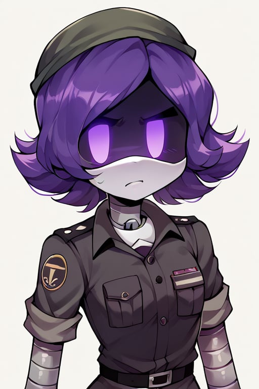 2D, score_9, score_8_up, score_7_up, BREAK, 1girl,solo, Uzi, Purple Hair, Purple Eyes, Robot, Visor, military uniform,