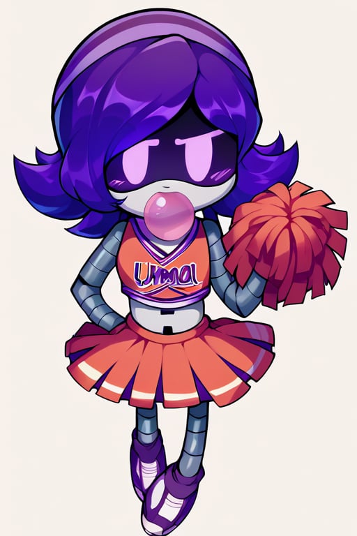 2D, score_9, score_8_up, score_7_up, BREAK, 1girl,solo, Uzi, Purple Hair, Purple Eyes, Robot, Visor, cheerleader outfit, bubblegum