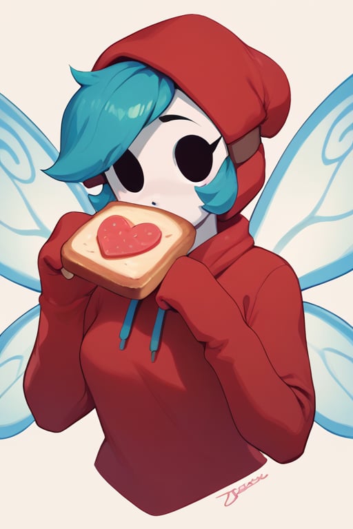 score_9, score_8_up, score_7_up, BREAK, 1girl, solo,shyguy,shygal, simple face, red hoodie, upper body, fairy wings, toast, shyguy, shygal