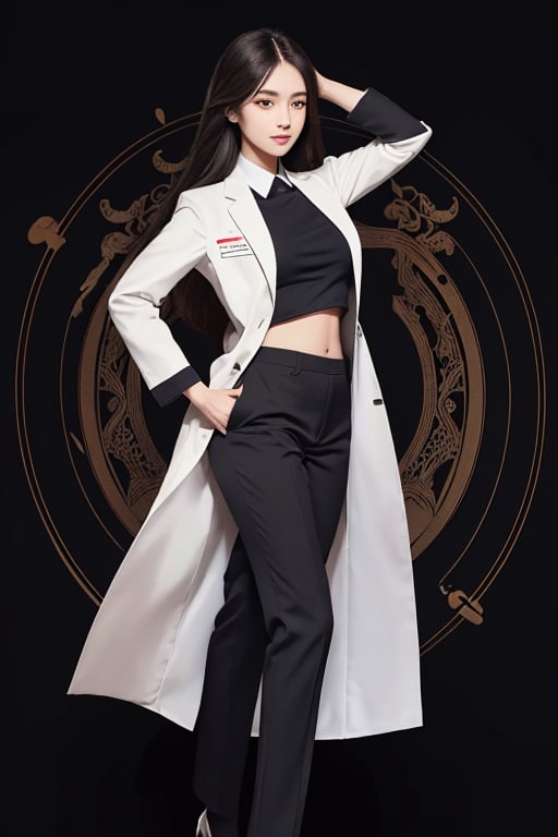 (best quality, masterpiece, ultra quality), cute girl, long straight dark hair, straight hair, surgeon clothes, smart suits, tall, professional-looking, visible forehead, doctor white coat, cute smile, professional looking, black heels, wearing pants, beautiful figure, wide hips, detailed face, detailed eyes, look at the camera, perfect lighting, UHD, line art, intricate details, highly detailed, dynamic light, ink painting, outline, intricate line drawings, dark background, simple_background,asian girl, shoes, shirt, full body,high_school_girl, left hand point to left hand side, introducing products,Detailed face, big eyes, blank background,b3rli