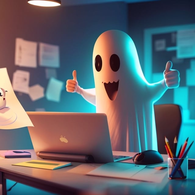 A ghost sat at a desk in an office, using a computer. Its right hand was on the mouse, and its left hand was raised in a thumbs-up gesture. On the desk were crayons and a sheet of paper with several sketches of a possible logo for a client