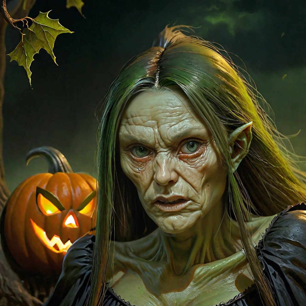 Sinister landscape, (dramatic style), (photorealistic), ultra detailed, perfectly illuminated and sharp photo of a ((witch with elegant appearance but green and ugly face, long pointed nose, disgusting pimples coming out of her skin and Halloween pumpkins coming out of its branches)), spirits, terrifying landscape, Halloween style, movie Of horror