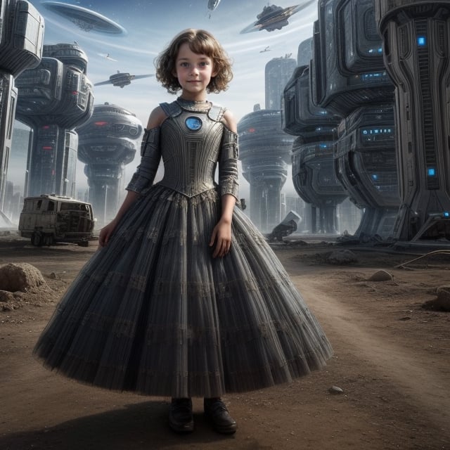 a 11 years old girl in a old dress, there is a futuristic city on the background, with spaceships flying around