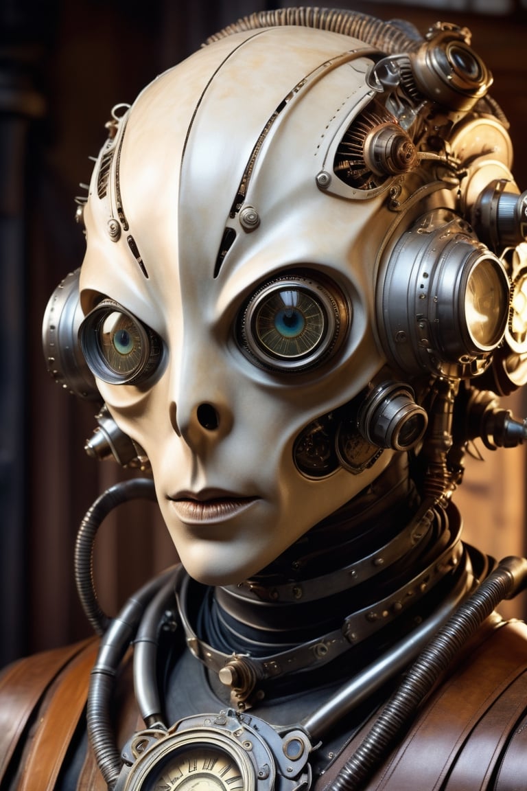 professional photo of an antique portrait of a monster fantastic cyborg alien creature,  strange detailed and simple hat,...