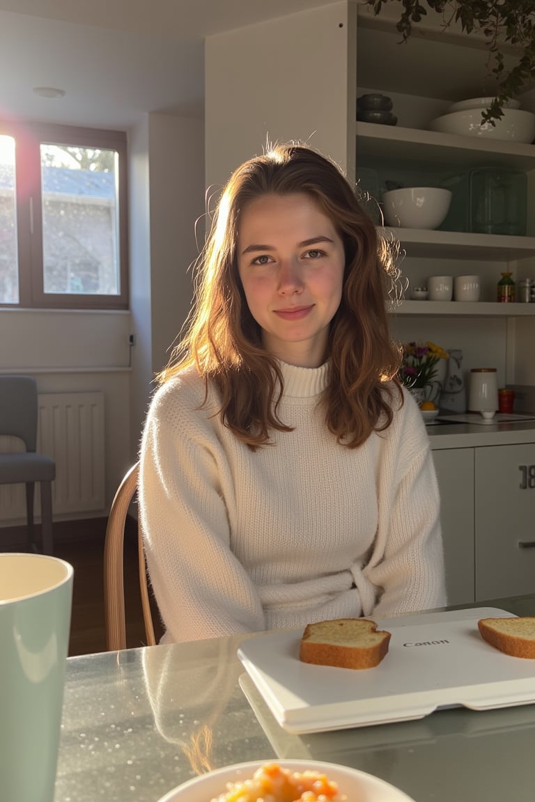 A serene teenage beauty, radiant in the morning light, sits confidently at a table in her dining room, her tender face and wavy hair framed by soft lighting. Her youthful winter clothes are modern and casual. She is eating cereal, relaxed with a bit of sleep. The background of her tidy kitchen highlights her central presence, while the clear table displays only a few small slices of toast and butter and a laptop. Canon’s 35mm lens captures extreme realism,ISO 200, with optimal placement of elements, shadows and contrasts evoking Henri Cartier-Bresson’s signature style.