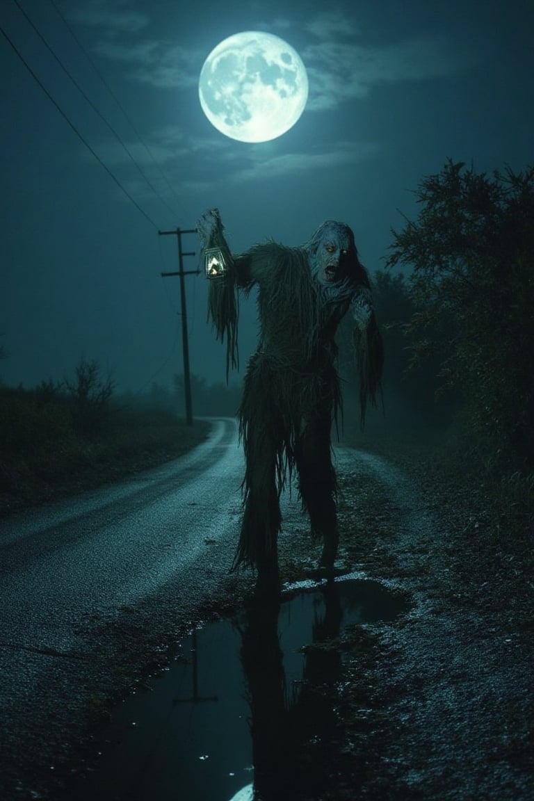 A moonlit night envelops the desolate rural landscape, where an old road meanders through the darkness. A strange, pale, ghostly creature emerges from a puddle, its face disfigured and twisted in agony. Its terrifying eyes glow like lanterns in the darkness as it emits a bloodcurdling howl that echoes through the open air. The moon casts elongated shadows, accentuating the grotesque figure's unnatural pose amidst the crumbling asphalt and overgrown vegetation.