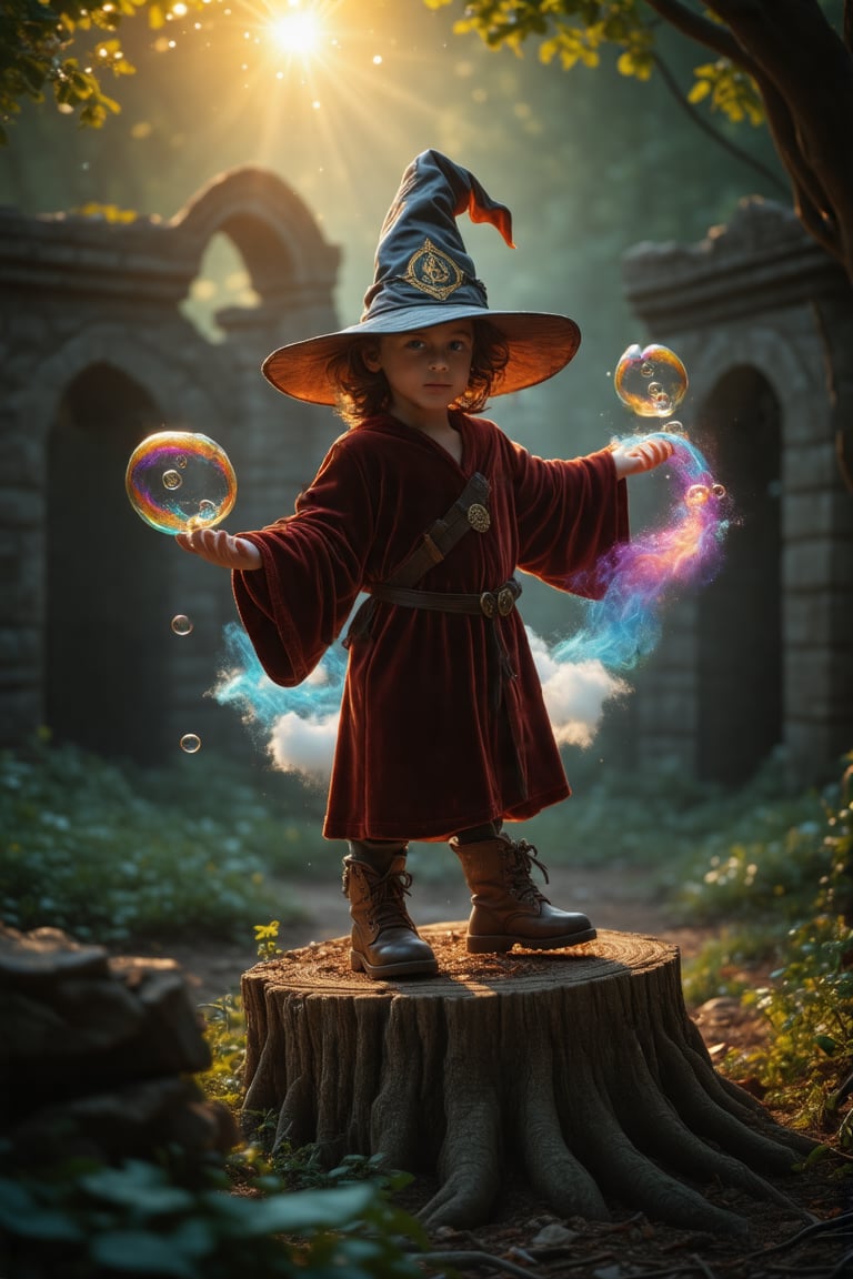 A whimsical tableau unfolds as the young wizard's apprentice stands atop an ancient tree stump, velvet robe flowing like a misty aura around him. The sun-kissed pointed hat with printed emblem casts a warm glow on his mystical attire, surrounded by bubbles and playful clouds. His curious eyes sparkle as he experiments with colorful spells. Blurred ruins harmonize with the serene landscape in the background, while rare arcane boots set a playful pace, capturing the carefree essence of this fantastical scene.