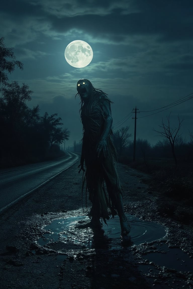 A moonlit night envelops the desolate rural landscape, where an old road meanders through the darkness. A strange, pale, ghostly creature emerges from a puddle, its face disfigured and twisted in agony. Its terrifying eyes glow like lanterns in the darkness as it emits a bloodcurdling howl that echoes through the open air. The moon casts elongated shadows, accentuating the grotesque figure's unnatural pose amidst the crumbling asphalt and overgrown vegetation.