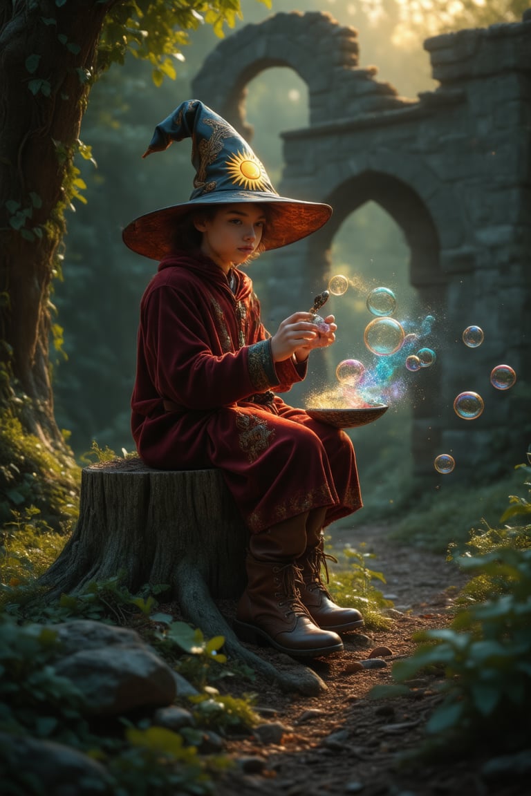 The whimsical wizard's apprentice perches atop an ancient tree stump, velvet robe flowing like mist around him. His pointed hat with printed sun emblem reflects afternoon sunlight, casting warm glow on mystical scent emanating from attire. Curious eyes sparkle as he experiments with colorful spells amidst bubbles and clouds, fingers deftly weaving magic. In the blurred background, crumbling ruins harmonize with serene landscape, while 13th-century Turkish-style pointy boots set playful pace, encapsulating carefree essence of this fantastical scene.