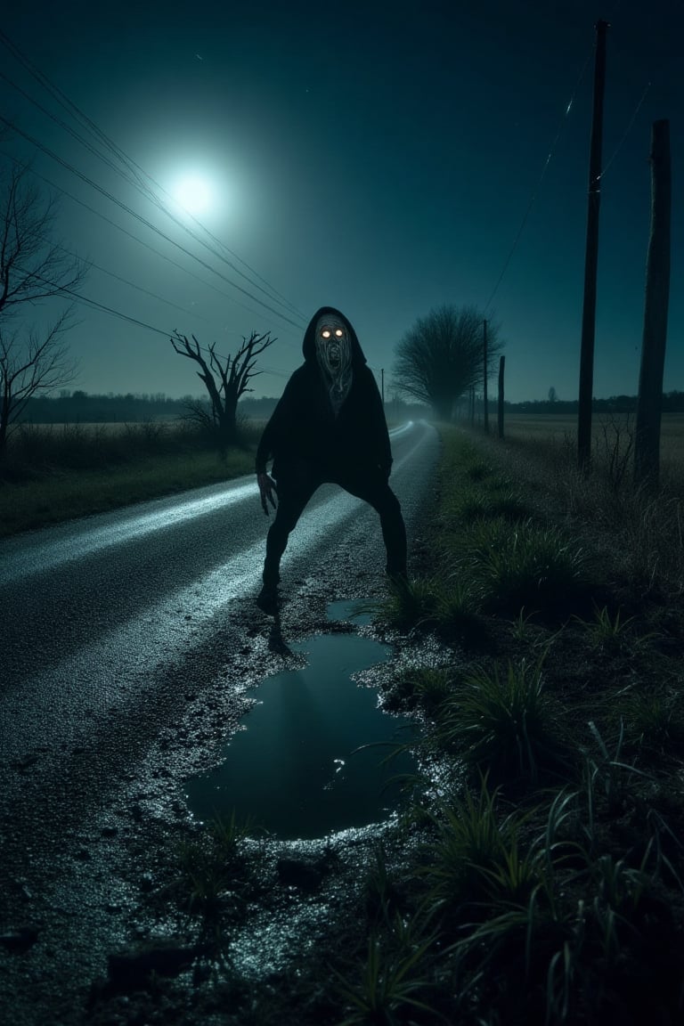 A moonlit night envelops the desolate rural landscape, where an old road meanders through the darkness. A strange, pale, ghostly creature emerges from a puddle, its face disfigured and twisted in agony. Its terrifying eyes glow like lanterns in the darkness as it emits a bloodcurdling howl that echoes through the open air. The moon casts elongated shadows, accentuating the grotesque figure's unnatural pose amidst the crumbling asphalt and overgrown vegetation.