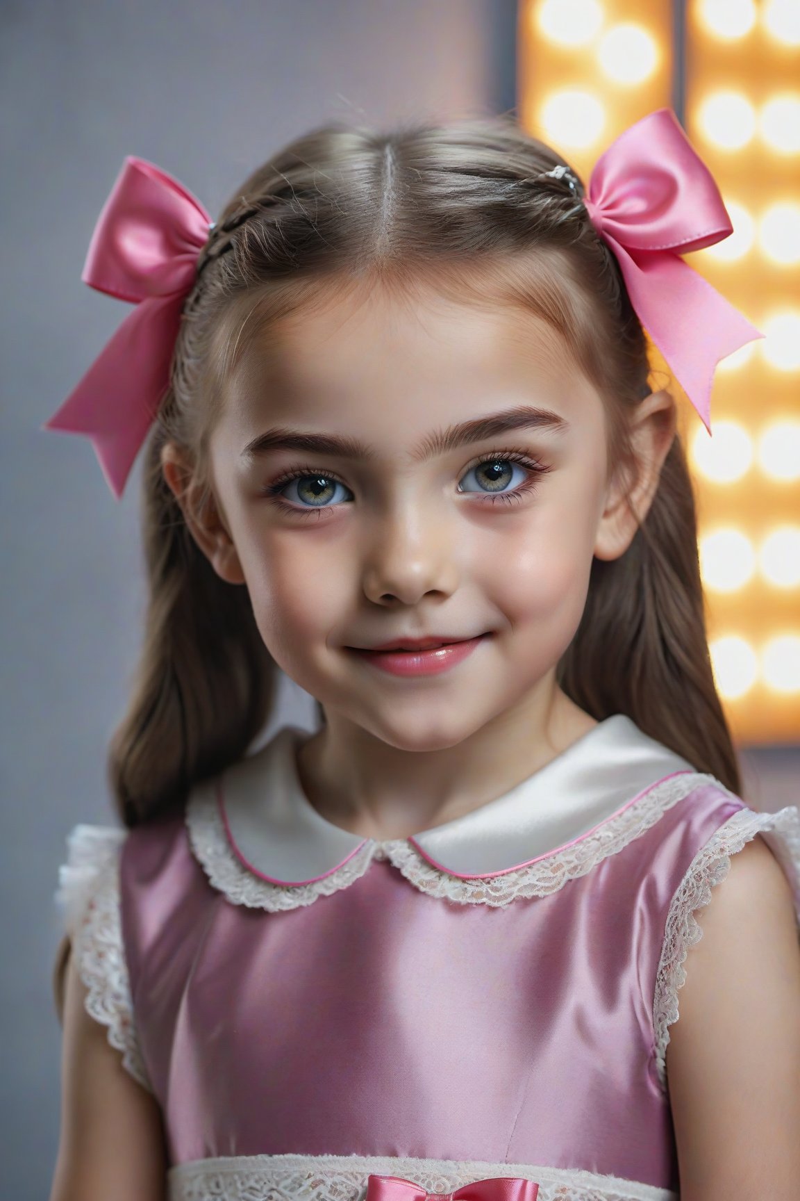 photorealistic style, photo of a cute 8-year-old Russian girl in a professional studio, very detailed eyes, incredibly detailed irises and corneas capturing the reflection and shine of light, cheeky, smiling, very detailed thick lips, small ears, pink silk bow on her head, lace dress, medium shot, professional photo, innocent,insane hair micro detailed, pretty eyebrows, hyper-realistic skin texture, sharp focus, medium contrast highlighting the realism of the girl, stray light effects, medium luminescence, simple background slightly out of focus, focused, funny, happy ,fun,taken with tripod,Nikon D3500 camera,professional realistic macro lens,35mm,ISO 100,f/2.8,film, bokeh, professional, 8k, highly detailed,Extremely Realistic,HDR,volumetric,hubggirl