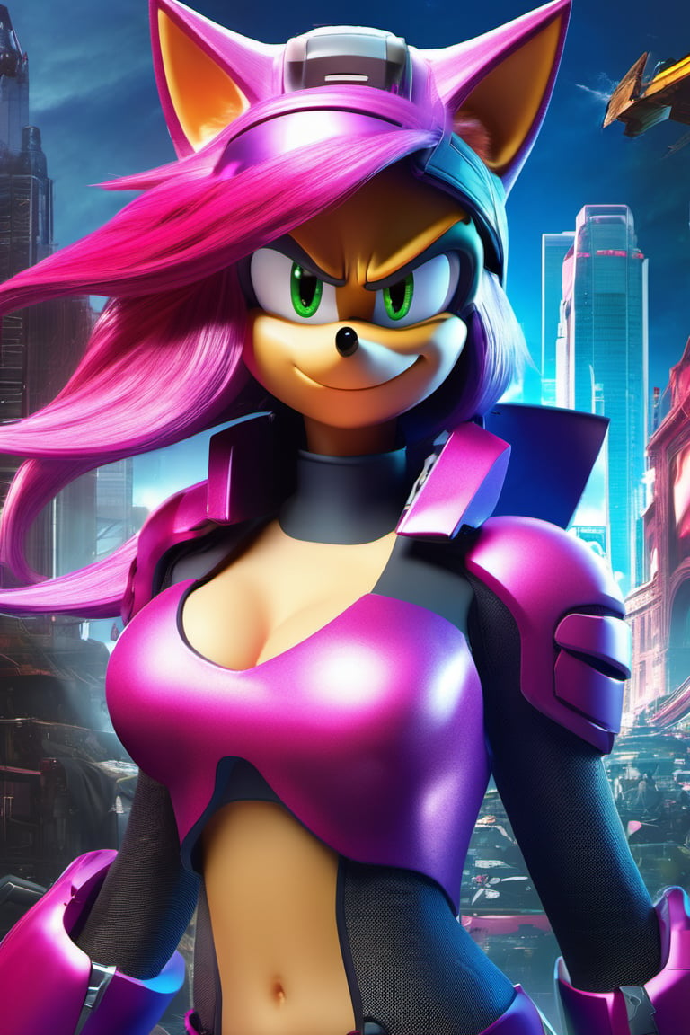 there is a full body special edition poster of a "Girl(Sonic Shredder) in sonic cosplay(pink)(Women)""A speedster who utilized sonic technology for both offense and evasion --q 99" centred looking at viewer, game poster, official poster artwork, game promotional poster, official poster, full poster, military art, promotional poster art, beautiful cinematic poster, official print, videogames poster, craig mullins greg rutkowski, ( apocalyptic ) 8 k, craig mullins style, cinematic poster, apocalyptic 8k, apocalyptic 8k, 