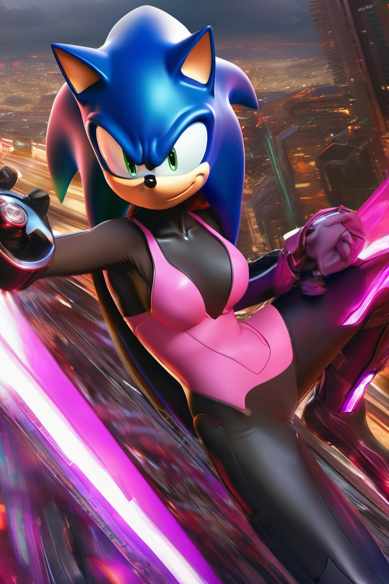 there is a full body special edition poster of a "woman in full sonic cosplay(pink)(Women)""A speedster who utilized sonic technology for both offense and evasion --q 99" centred looking at viewer, game poster, official poster artwork, game promotional poster, official poster, full poster, military art, promotional poster art, beautiful cinematic poster, official print, videogames poster, craig mullins greg rutkowski, ( apocalyptic ) 8 k, craig mullins style, cinematic poster, apocalyptic 8k, apocalyptic 8k, 