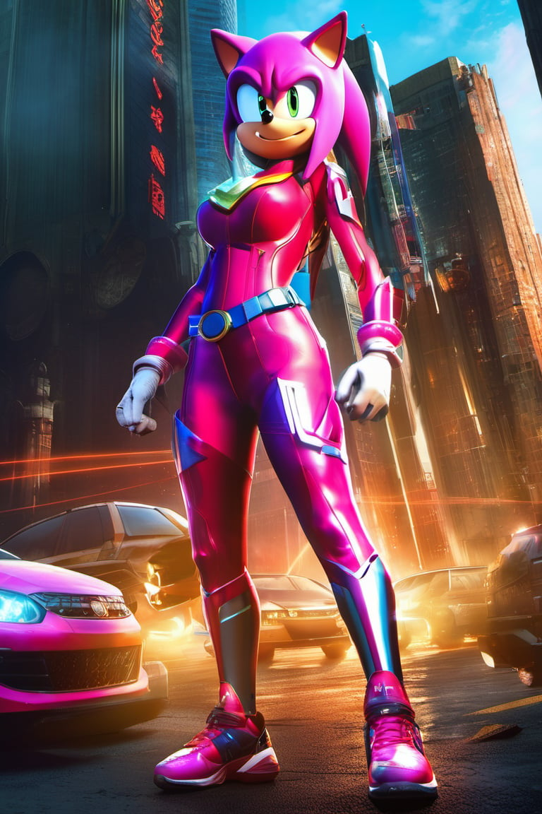 there is a full body special edition poster of a "woman in sonic cosplay(pink)(Women)""A speedster who utilized sonic technology for both offense and evasion --q 99" centred looking at viewer, game poster, official poster artwork, game promotional poster, official poster, full poster, military art, promotional poster art, beautiful cinematic poster, official print, videogames poster, craig mullins greg rutkowski, ( apocalyptic ) 8 k, craig mullins style, cinematic poster, apocalyptic 8k, apocalyptic 8k, 