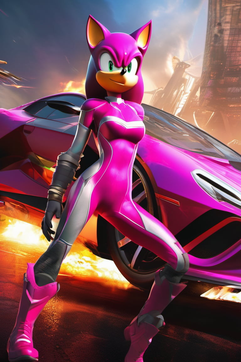 there is a full body special edition poster of a "Female aka Sonic Shredder(pink)(Women)""A speedster who utilized sonic technology for both offense and evasion --q 99" centred looking at viewer, game poster, official poster artwork, game promotional poster, official poster, full poster, military art, promotional poster art, beautiful cinematic poster, official print, videogames poster, craig mullins greg rutkowski, ( apocalyptic ) 8 k, craig mullins style, cinematic poster, apocalyptic 8k, apocalyptic 8k, 