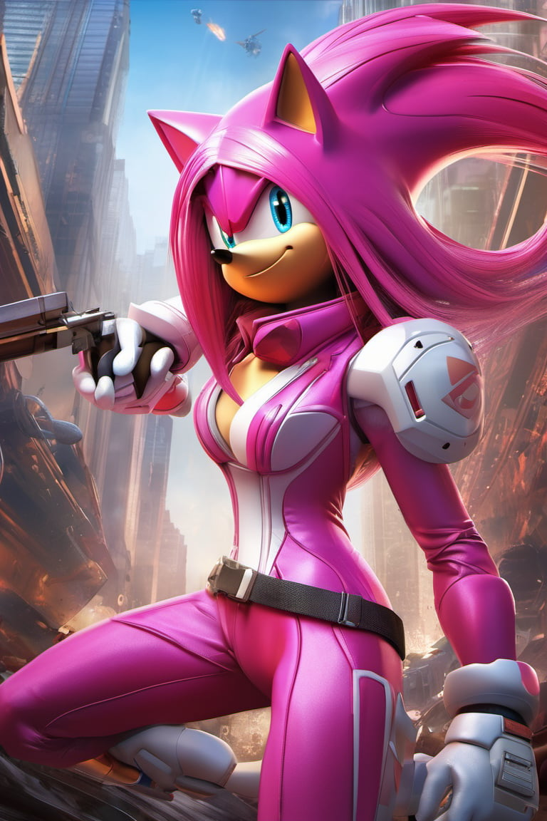 there is a full body special edition poster of a "Girl(Sonic Shredder) in sonic cosplay(pink)(Women)""A speedster who utilized sonic technology for both offense and evasion --q 99" centred looking at viewer, game poster, official poster artwork, game promotional poster, official poster, full poster, military art, promotional poster art, beautiful cinematic poster, official print, videogames poster, craig mullins greg rutkowski, ( apocalyptic ) 8 k, craig mullins style, cinematic poster, apocalyptic 8k, apocalyptic 8k, 