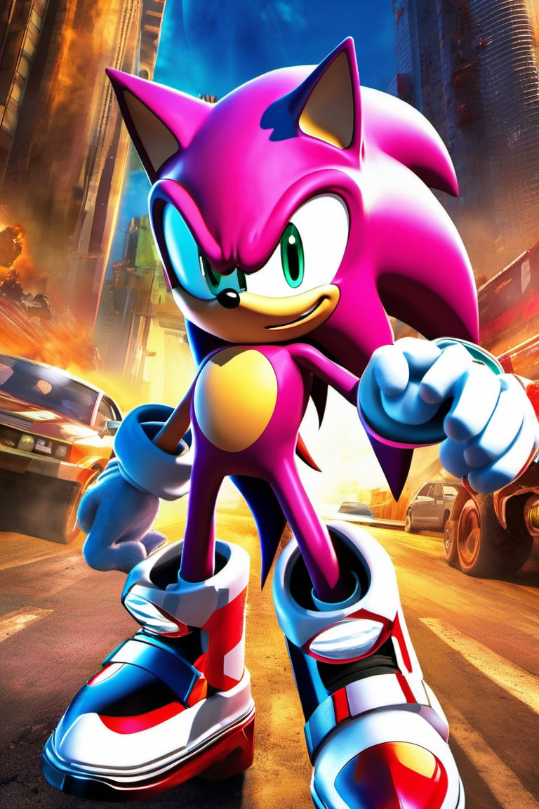 there is a full body special edition poster of a "Female aka Sonic Shredder in sonic cosplay(pink)(Women)""A speedster who utilized sonic technology for both offense and evasion --q 99" centred looking at viewer, game poster, official poster artwork, game promotional poster, official poster, full poster, military art, promotional poster art, beautiful cinematic poster, official print, videogames poster, craig mullins greg rutkowski, ( apocalyptic ) 8 k, craig mullins style, cinematic poster, apocalyptic 8k, apocalyptic 8k, 