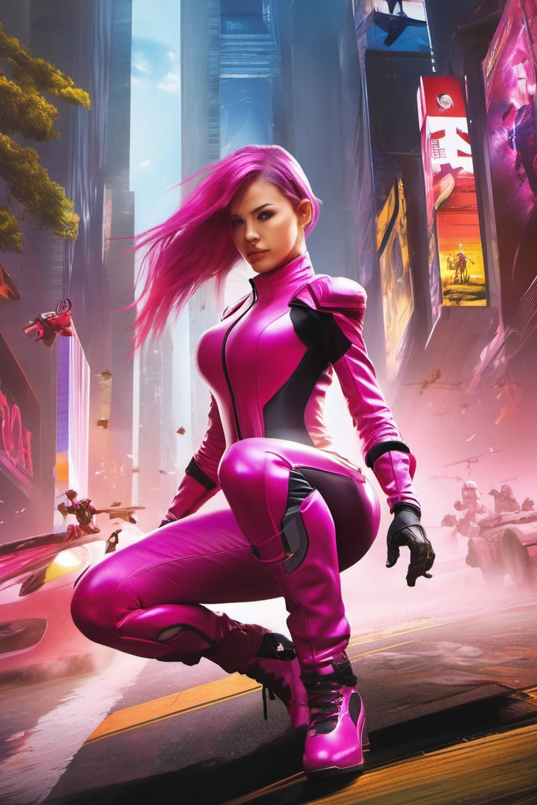 there is a full body special edition poster of a "woman in full sonic cosplay(pink)(Women)""A speedster who utilized sonic technology for both offense and evasion --q 99" centred looking at viewer, game poster, official poster artwork, game promotional poster, official poster, full poster, military art, promotional poster art, beautiful cinematic poster, official print, videogames poster, craig mullins greg rutkowski, ( apocalyptic ) 8 k, craig mullins style, cinematic poster, apocalyptic 8k, apocalyptic 8k, 