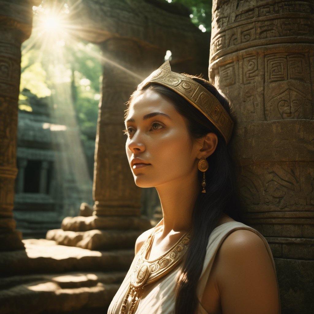 a beautiful priestess in an ancient temple in a forest, very beautiful face, dappled sunlight, Direct Sunlight, cinematic, photorealistic, film style, Kodak film, film look, high resolution, photo, photographic, hyper realistic, photorealistic, highly detailed