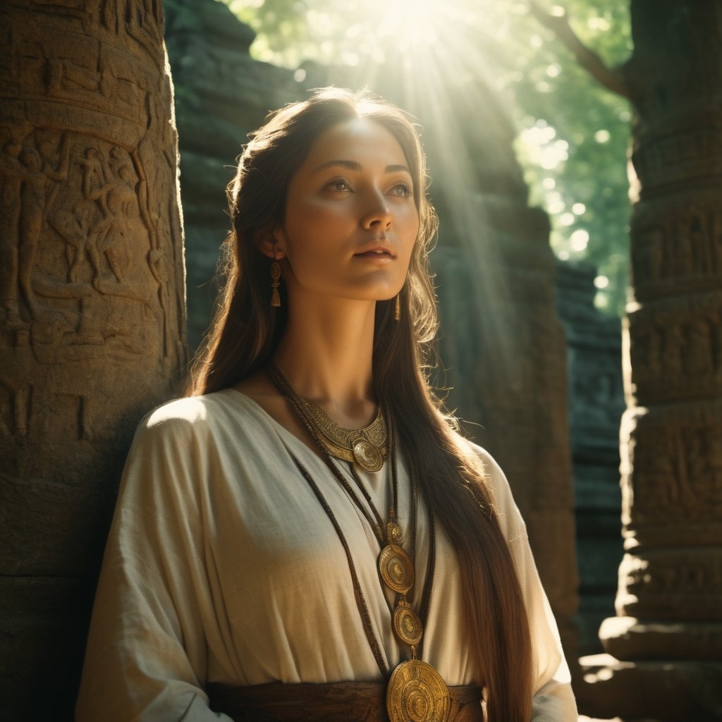 a beautiful priestess in an ancient temple in a forest, very beautiful face, dappled sunlight, Direct Sunlight, cinematic, photorealistic, film style, Kodak film, film look, high resolution, photo, photographic, hyper realistic, photorealistic, highly detailed