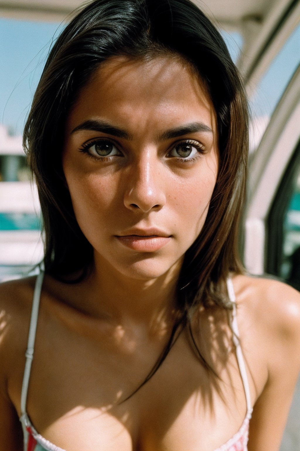 Portrait of a Fernanda Braga, very beautiful eyes, Shot on lomo lc-a, lomography, film grain, Direct Sunlight, cinematic, photorealistic, film style, high resolution, photo, photographic, hyper realistic, photorealistic, highly detailed