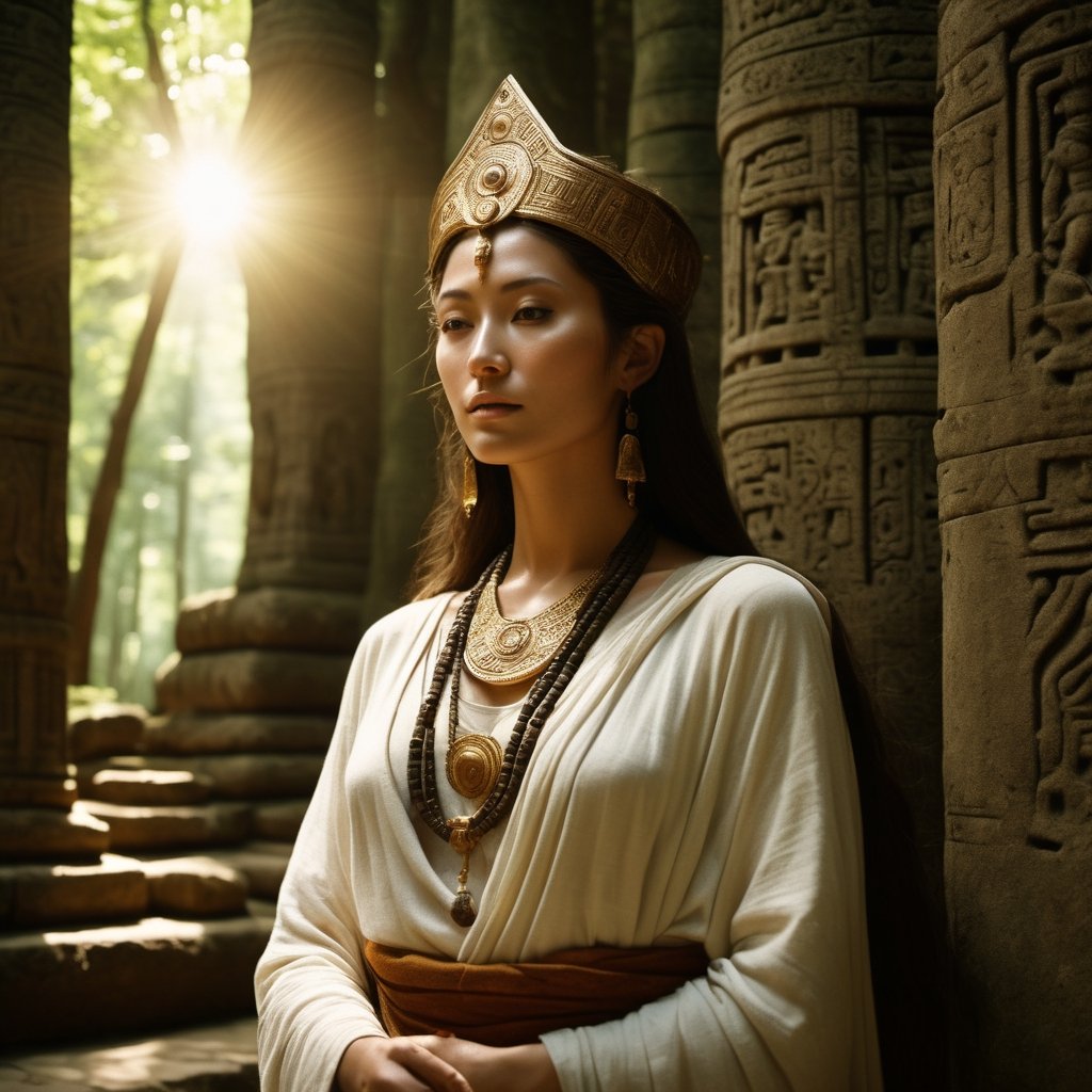 a beautiful priestess in an ancient temple in a forest, very beautiful face, dappled sunlight, Direct Sunlight, cinematic, photorealistic, film style, Kodak film, film look, high resolution, photo, photographic, hyper realistic, photorealistic, highly detailed