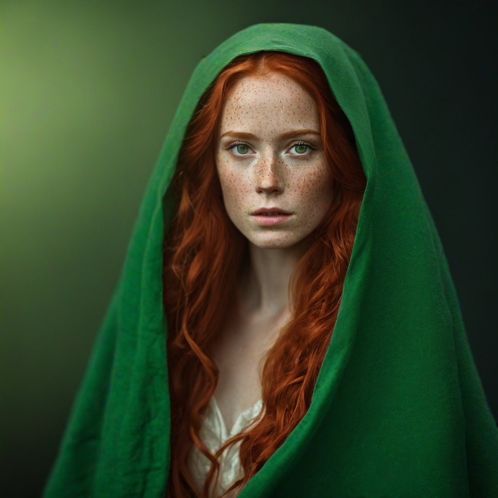 portrait of a very beautifuk girl (with freckles face)  with long red hair wearing a green cape and a white glove holding a green cloth over her head, fantasy, Movie Still