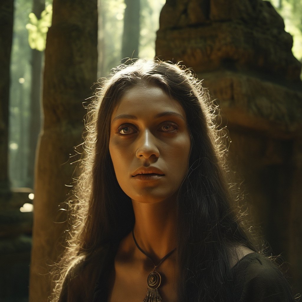 a beautiful witch in an ancient temple in a forest, very beautiful face, dappled sunlight, Direct Sunlight, cinematic, photorealistic, film style, Kodak film, film look, high resolution, photo, photographic, hyper realistic, photorealistic, highly detailed