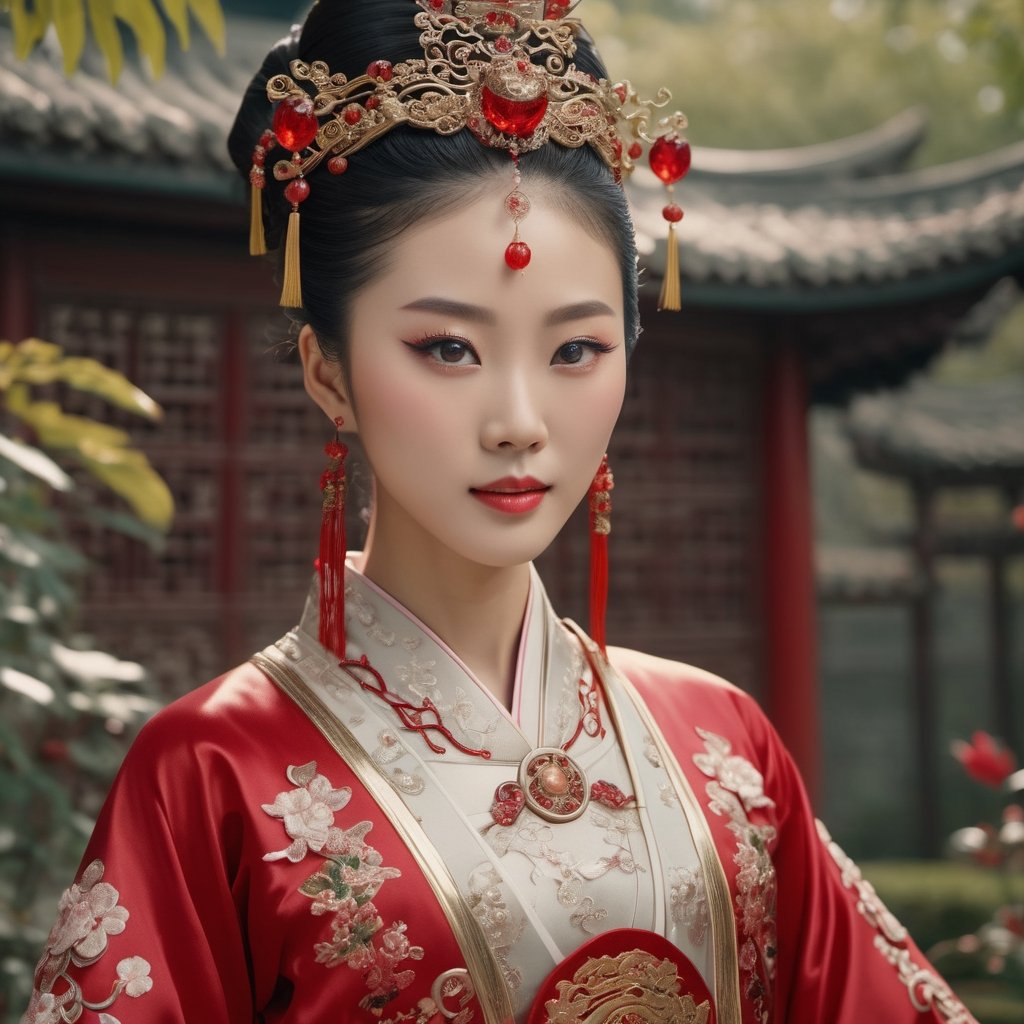 A very beautiful chinese princess wearing traditional costume in a garden, traditional costume, Glowing Ruby Pearlescent details, very detailed eyes, detailed skin, cinematic, film frame, film style, Kodak film, film look, high resolution, photo, photographic, hyper realistic, photorealistic, highly detailed