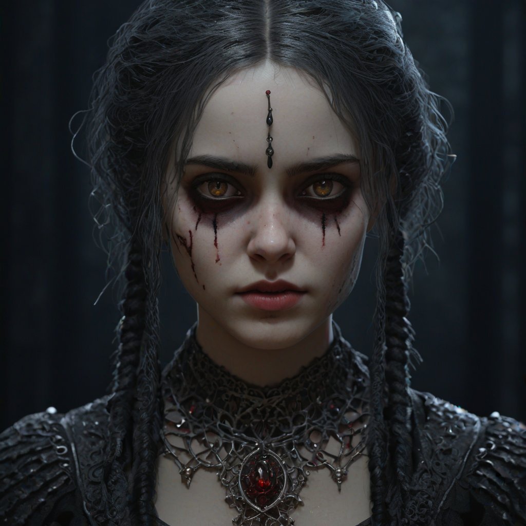 portrait of an unfriendly girl, gothic style, photorealistic render, ultra detailed, 8k, hyperdetailed intricately detailed gothic art, triadic colors, deep color, fantastical, intricate detail, splash screen, complementary colors, 8k resolution, gothic,  masterpiece, fantasy, Movie Still