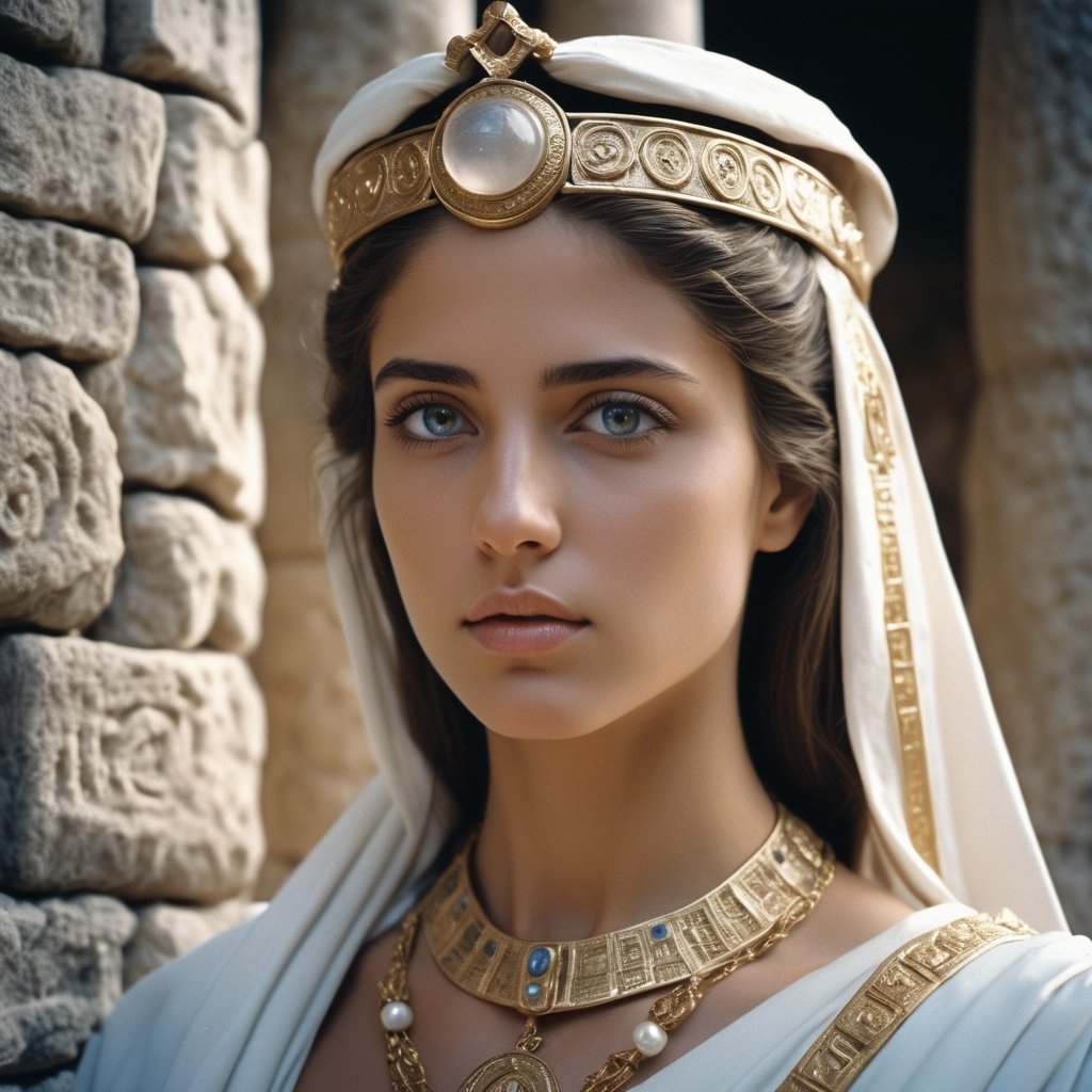 A very beautiful greek princess wearing a priestly garb in a ancient stone temple, godness look, Glowing Quartz Pearlescent details, very detailed eyes, detailed skin, Fujifilm Superia, cinematic, film frame, film style, Kodak film, film look, high resolution, photo, photographic, hyper realistic, photorealistic, highly detailed