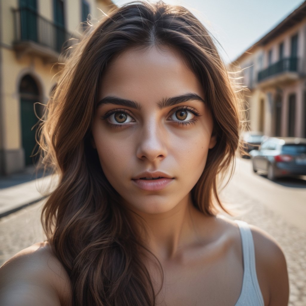 Portrait of a Mariana Neves, very beautiful eyes, Shot on smartphone selfie, film grain, Direct Sunlight, cinematic, photorealistic, film style, high resolution, photo, photographic, hyper realistic, photorealistic, highly detailed